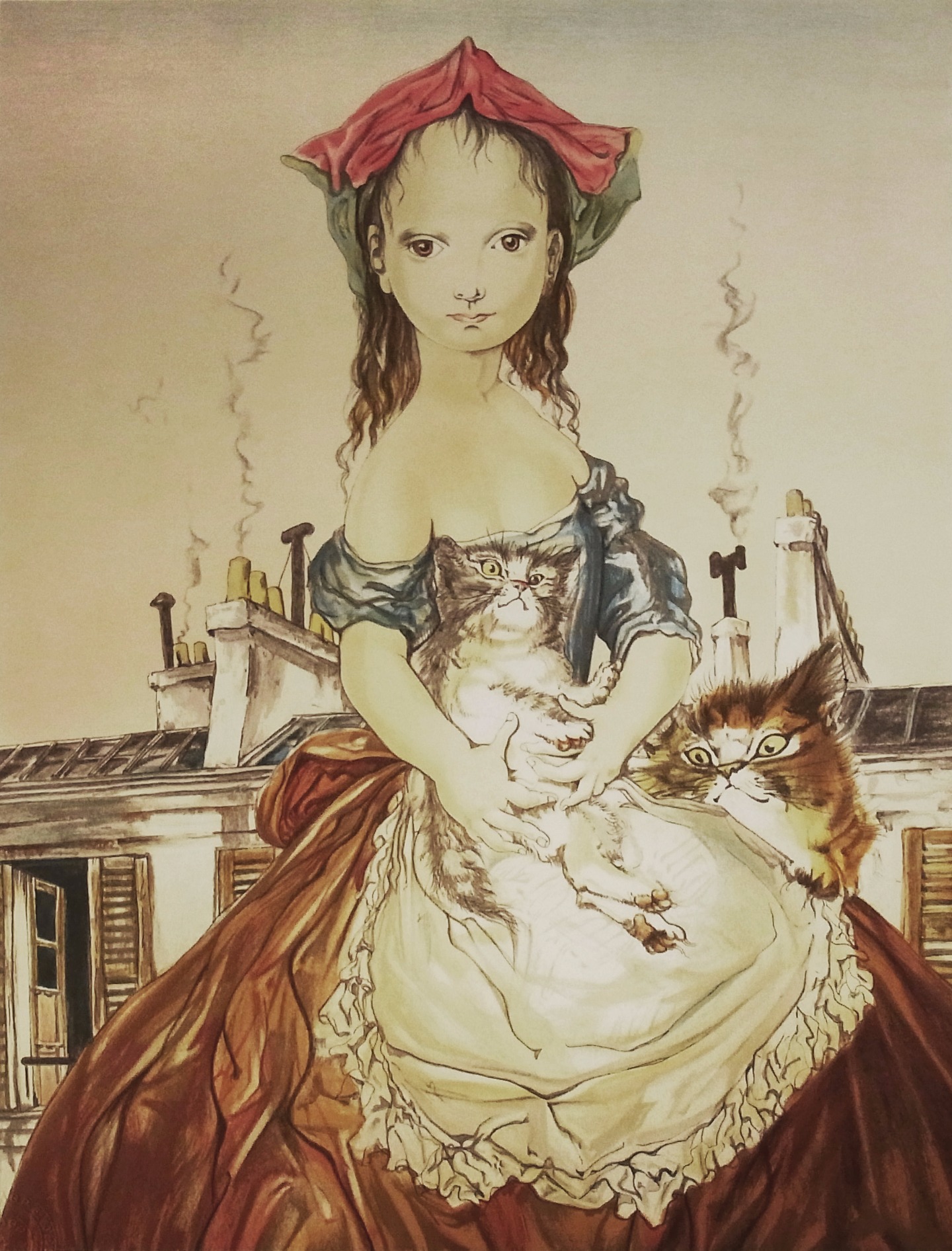 パリの屋根の前の少女と猫