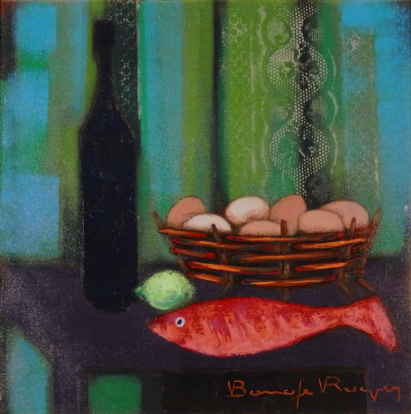 卵の入った籠と赤い魚